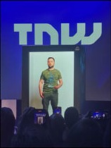 Volodymyr Zelensky appearing as a hologram in Amsterdam